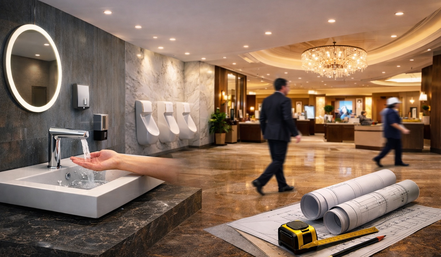 Commercial restroom design showing a clean transition zone and a coordinated modern fixture aesthetic
